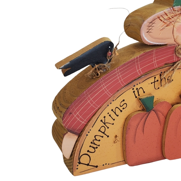 Scarecrow Pumpkins Crows Vintage Wooden Shelf Sitter Hand Crafted Fall Autumn - Picture 7 of 10